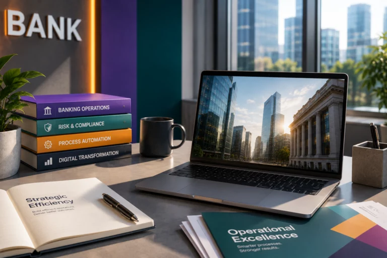 Modern banking workspace illustrating workflow automation, risk management, compliance, and digital transformation