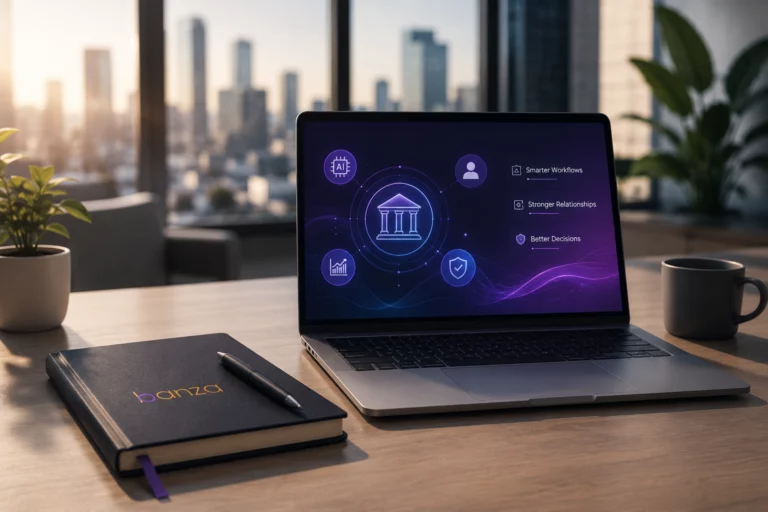 Modern banking CRM workspace with AI-powered automation, intelligent decision support, and digital transformation concepts, featuring the Banza brand identity in a professional office environment